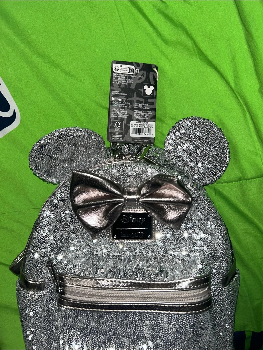 Loungefly Silver Sequin Minnie Ear Backpack with Metallic Bow